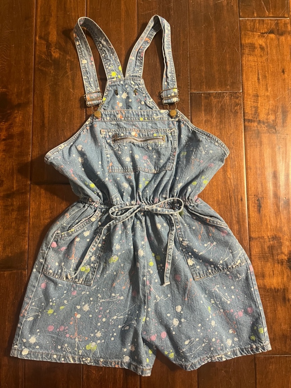 Vintage Taxi Denim Romper Paint Splatter Overalls Cinched Waist